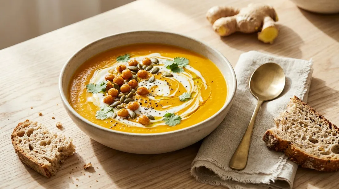 Crema de calabaza con un remolino de leche de coco, garbanzos crujientes, semillas de calabaza y cilantro