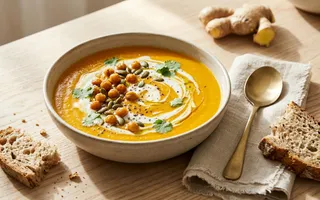 Bol de crema de calabaza con cúrcuma, leche de coco, garbanzos crujientes y semillas de calabaza