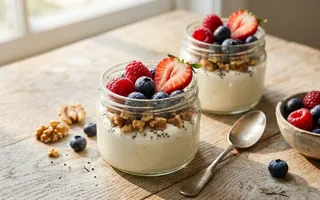 Tarros de yogur griego con nueces, chía y frutos rojos