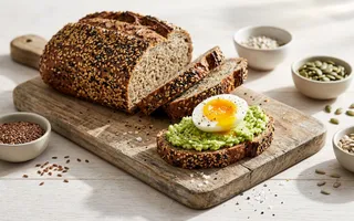 Pan de proteínas de lino con semillas, cortado en rebanadas