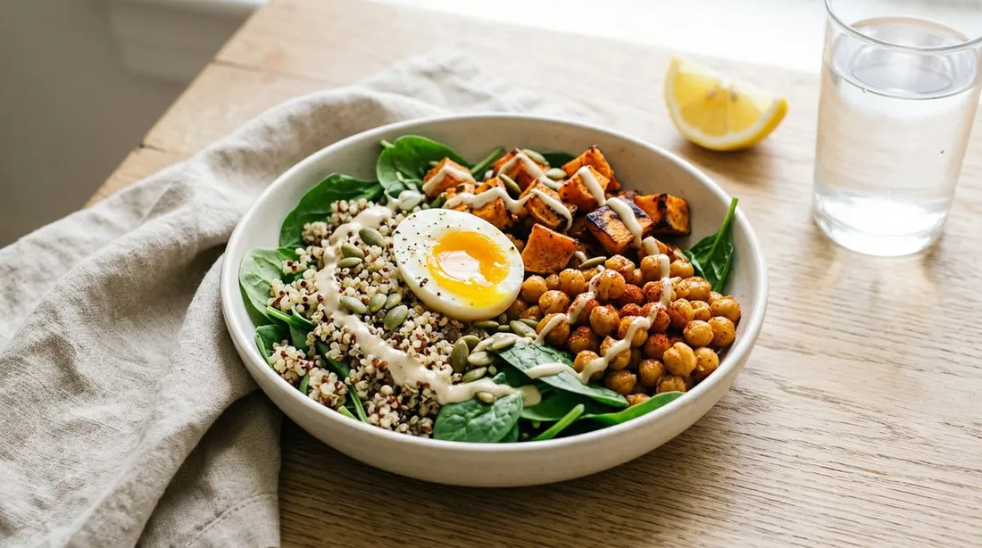 Bol con espinacas, quinoa, boniato asado, garbanzos crujientes, medio huevo y aliño de tahini con semillas de calabaza