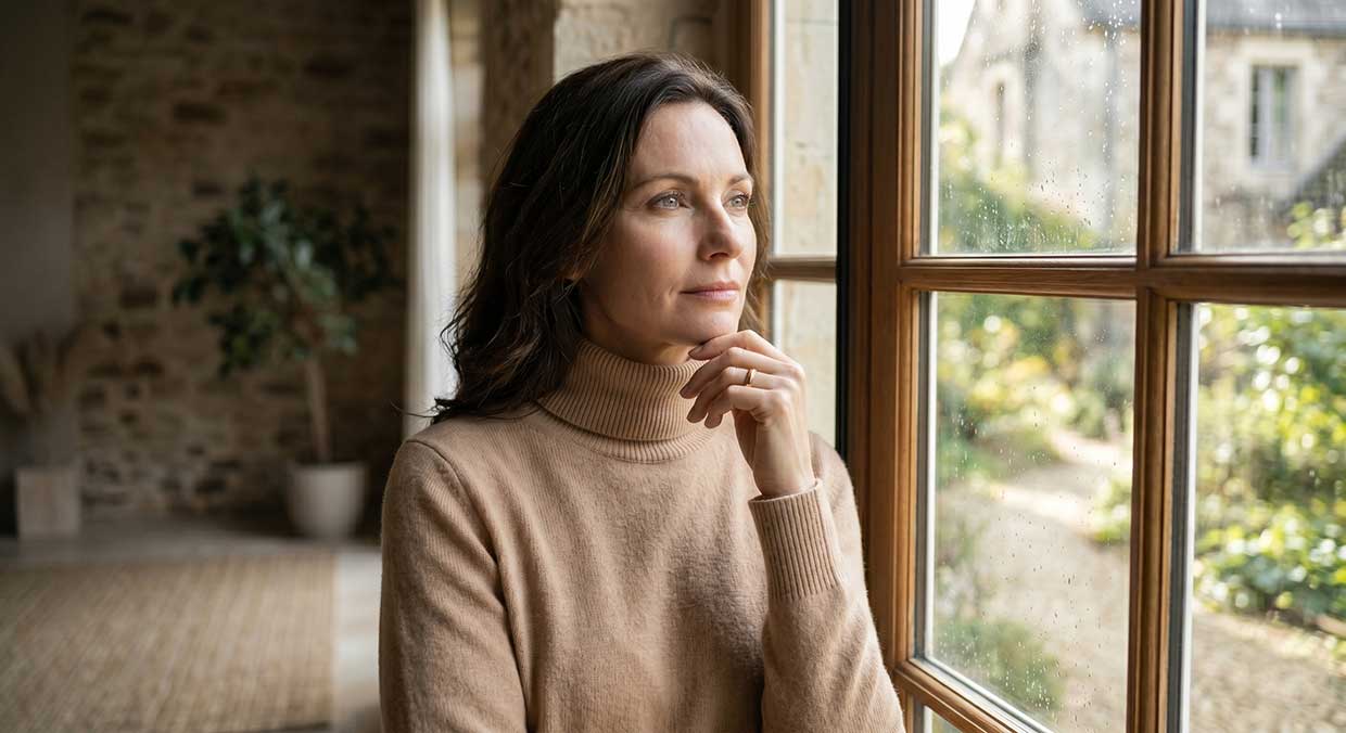 Mujer reflexiva junto a la ventana