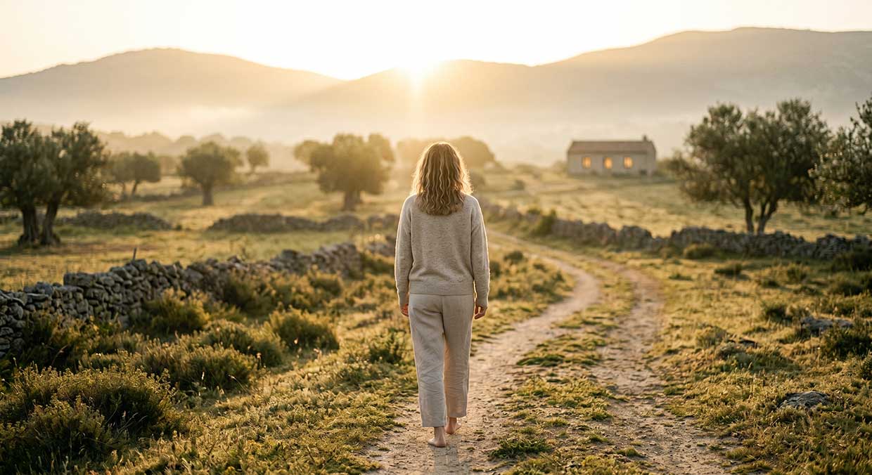 Mujer caminando en naturaleza al amanecer