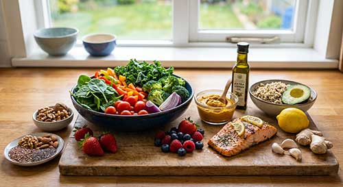 Alimentos antiinflamatorios saludables como frutas, verduras y grasas saludables