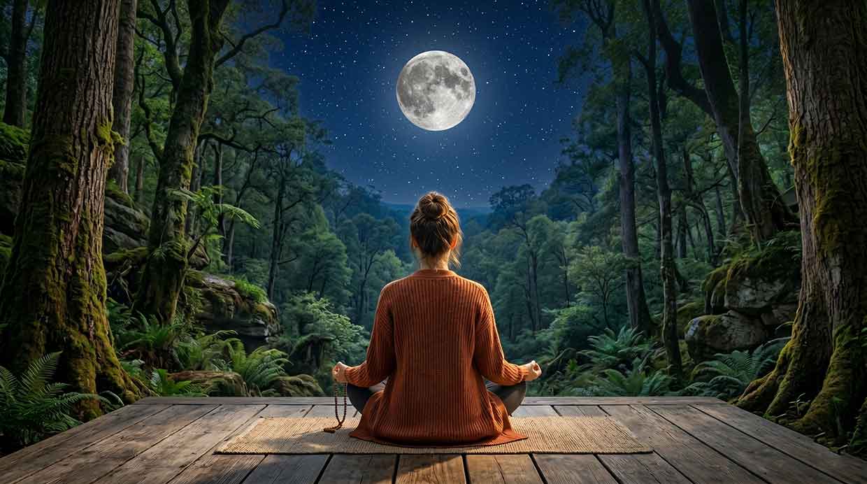 Mujer meditando en la naturaleza a la luz de la luna